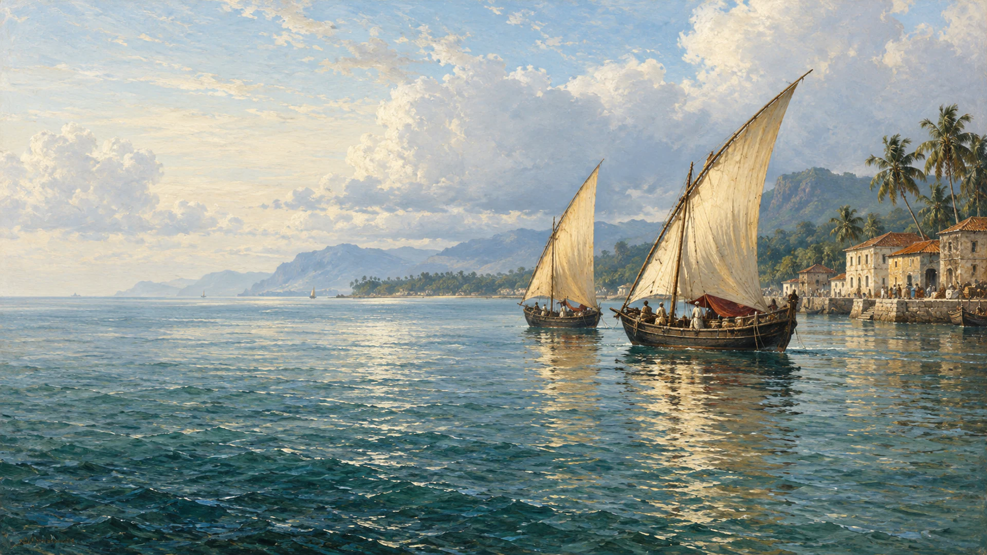 Two dhows under sail off a palm-lined coast, with houses on a stone quay.